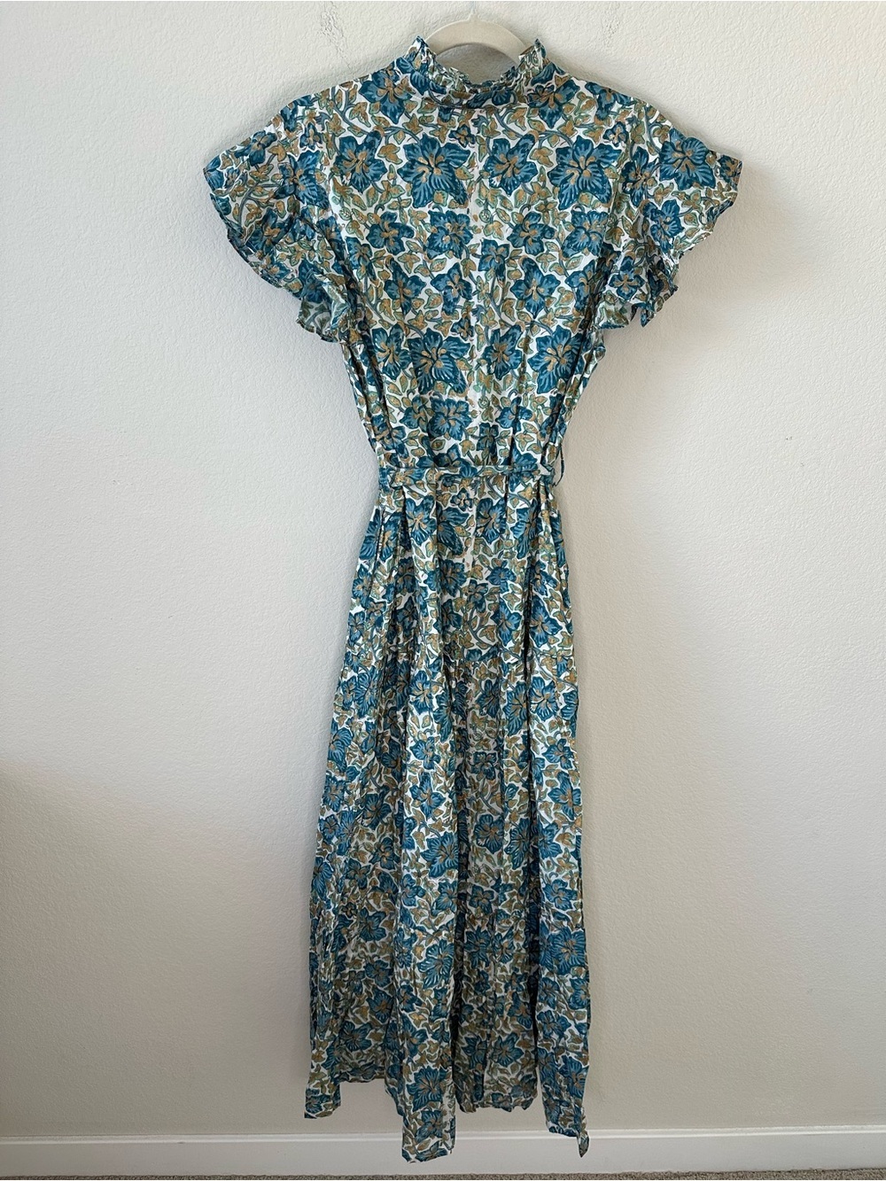 OLIPHANT RUFFLE COLLAR BUTTON MAXI FLORAL DRESS IVY BLUE/GOLD SZ XL - Picture 8 of 8